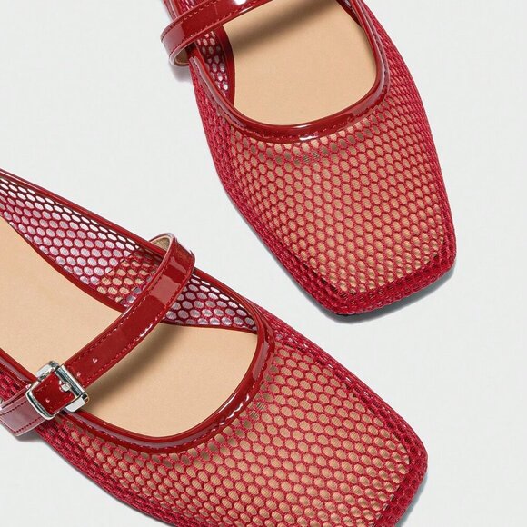 Red Fashionable Women's Ballet Flats Spring Square Toe Flat Shoes - Picture 3 of 7